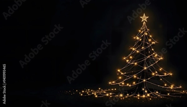 Fototapeta Golden Christmas Tree Outline with Radiant Lights and Star