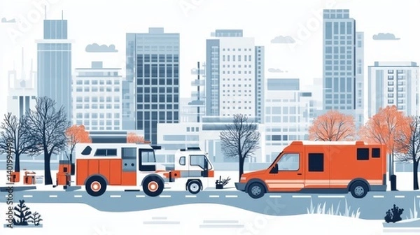 Fototapeta Emergency Vehicles in Urban Landscape with Modern Buildings and Trees in Fall Colors