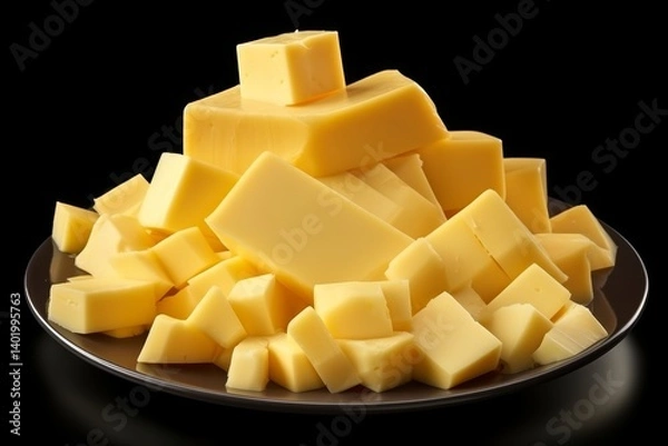 Obraz Isolated presentation featuring evenly cut pieces of hard cheese arranged on a round serving plate
