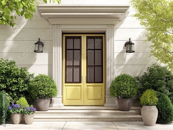 Fototapeta A contemporary 3D rendering of a pale yellow front door with white marble columns and light stone steps
