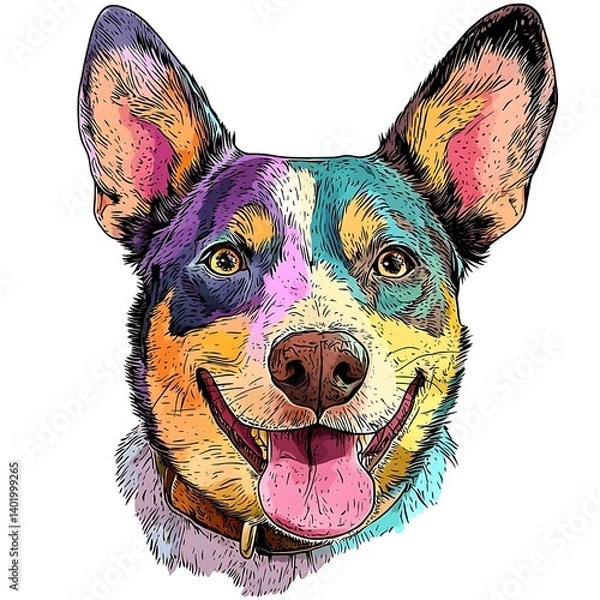 Fototapeta Vibrant Portrait of a Happy Australian Cattle Dog. This colorful illustration showcases the unique markings and playful expression of this popular breed.