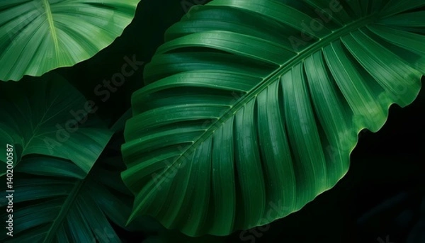 Fototapeta Glossy Green Leaves Overlapping with Prominent Vein Texture
