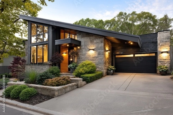 Fototapeta A contemporary home with an angular triangular design and expansive windows, featuring a black stone garage entrance