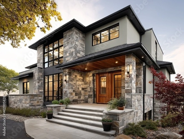 Fototapeta A contemporary home with a soft green exterior and black windows, featuring elegant stone accents