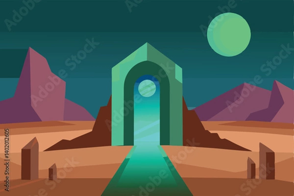 Fototapeta Teleport gate glowing in desert ruins vector illustration