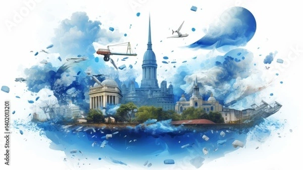 Obraz Visual representation of economy, reserves, finances, and banking institutions on a white background