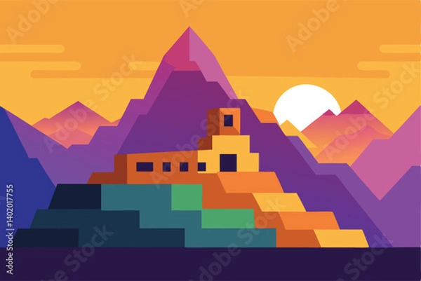 Fototapeta Machu Picchu at sunrise with colorful fog vector illustration