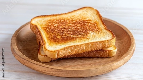 Fototapeta Golden Brown Toast Slices on Wooden Plate with Light Background