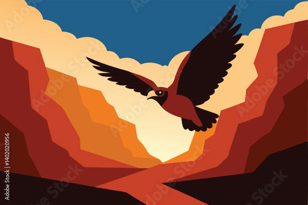 Fototapeta Falcon soaring above rocky canyon vector illustration