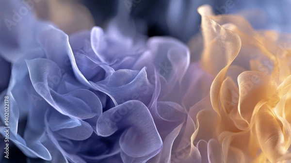 Fototapeta A stylized close-up of ethereal petals in flow, hues of periwinkle blue, pale gold and soft blush