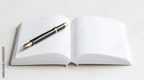 Fototapeta Elegant Open Notebook with Fountain Pen on a Minimalist Background