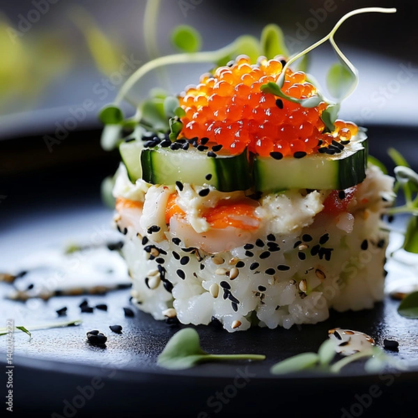 Obraz Sushi Roll with Fish Roe, Spicy Sauce, and Microgreens,Sushi Roll with Fish Roe and Spicy Sauce Topped with Microgreens,elaborate Sushi Rolls with Tobiko,uramaki Sushi Rolls with Tobiko,Japonese Sushi