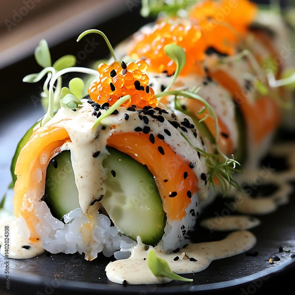 Obraz Sushi Roll with Fish Roe, Spicy Sauce, and Microgreens,Sushi Roll with Fish Roe and Spicy Sauce Topped with Microgreens,elaborate Sushi Rolls with Tobiko,uramaki Sushi Rolls with Tobiko,Japonese Sushi