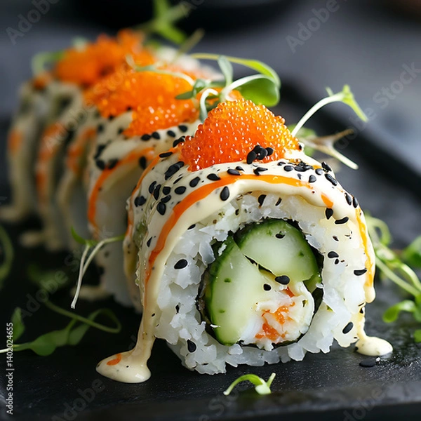 Obraz Sushi Roll with Fish Roe, Spicy Sauce, and Microgreens,Sushi Roll with Fish Roe and Spicy Sauce Topped with Microgreens,elaborate Sushi Rolls with Tobiko,uramaki Sushi Rolls with Tobiko,Japonese Sushi