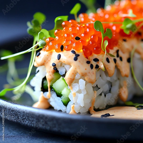 Obraz Sushi Roll with Fish Roe, Spicy Sauce, and Microgreens,Sushi Roll with Fish Roe and Spicy Sauce Topped with Microgreens,elaborate Sushi Rolls with Tobiko,uramaki Sushi Rolls with Tobiko,Japonese Sushi