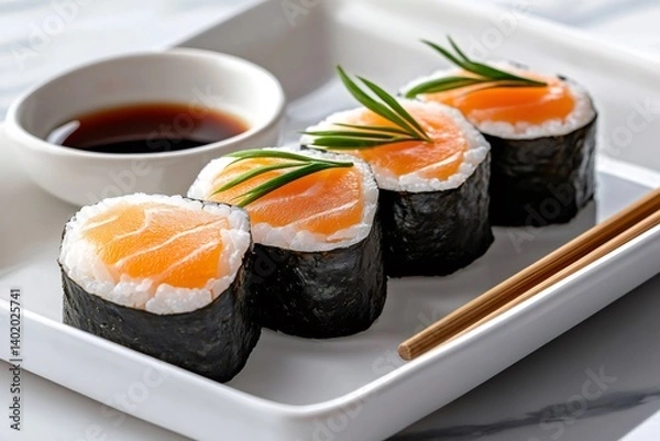 Fototapeta Salmon maki sushi rolls garnished with dill and served with soy sauce