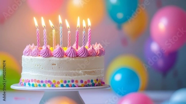 Obraz Festive birthday cake with lit candles on colorful celebration background featuring bright party decorations, confetti, and a joyful atmosphere for birthday event themes and greeting card designs
