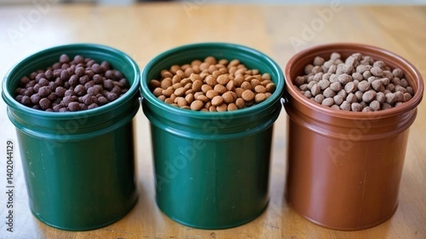 Obraz Dog food containers labeled by age group puppy, adult, and senior
