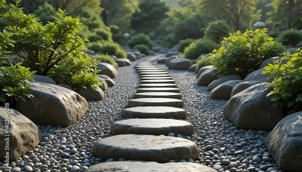 Fototapeta Tranquil Garden Path with Lush Green Surroundings