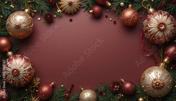 Fototapeta Christmas Frame with Vibrant Ornaments and Pine Greenery