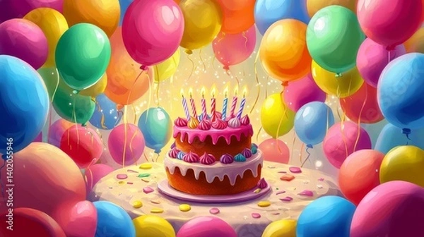 Obraz Colorful birthday party balloons background with festive celebration cake topped with lit candles, vibrant party atmosphere for celebration themes, kids’ events, and joyful occasions