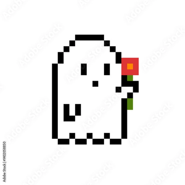 Fototapeta Pixel art icon of ghost with a flower cute minimal character videogame assets graphic pixelart style