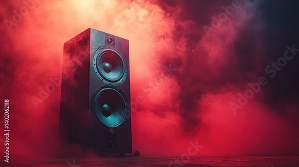 Fototapeta Powerful audio speaker in vibrant, smoky environment