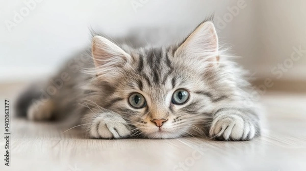 Fototapeta Cute fluffy cat with striking blue eyes lying on a wooden floor in a cozy indoor setting