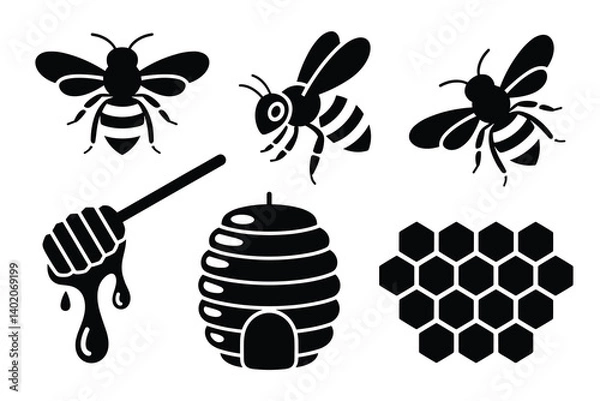 Fototapeta Collection of bee and honey related elements in black and white