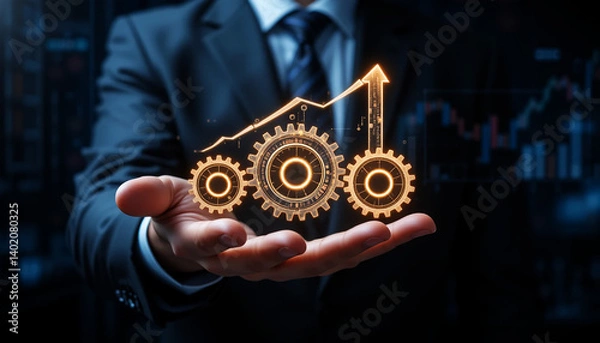 Obraz A business professional holding a glowing digital interface, featuring three illuminated gears