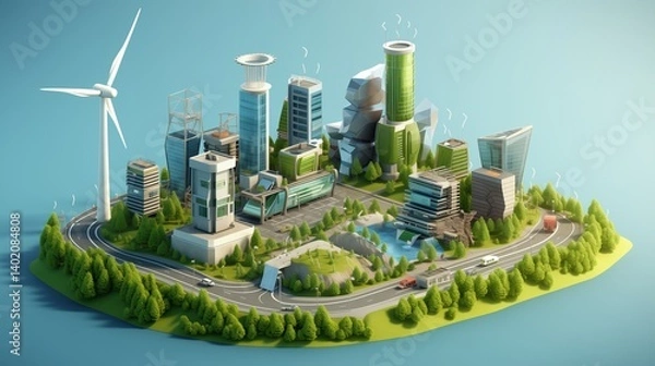Obraz Isometric 3D illustration of a sustainable city with green buildings, solar panels, and eco-friendly infrastructure.
