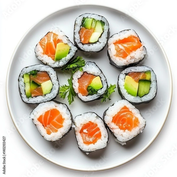 Obraz Assorted sushi rolls on white plate with white background