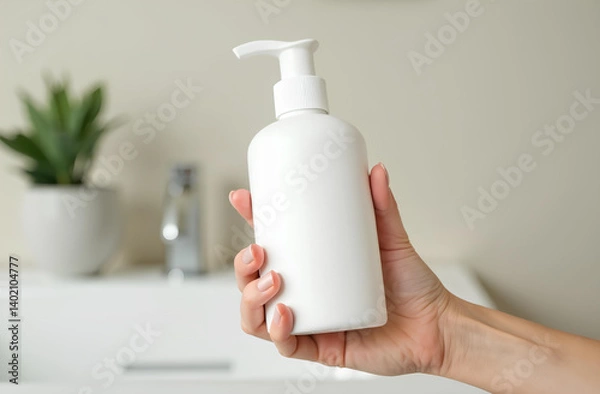 Obraz Mockup of white soap bottle in female hand on bathroom background