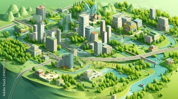 Obraz Isometric view of an eco-city with green infrastructure, smart technologies, and thriving green spaces.