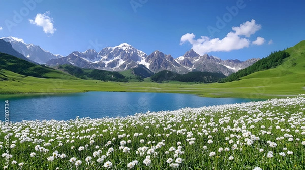 Obraz Background of lake and daisy flower garden scenery and snowy mountain background. Natural scenery background.