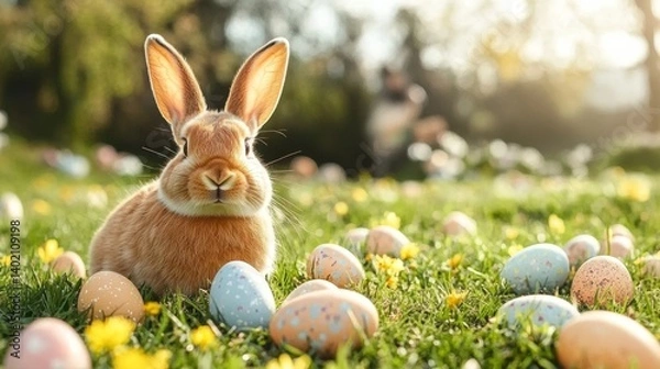 Fototapeta Adorable easter bunny surrounded by colorful eggs in a grassy field.