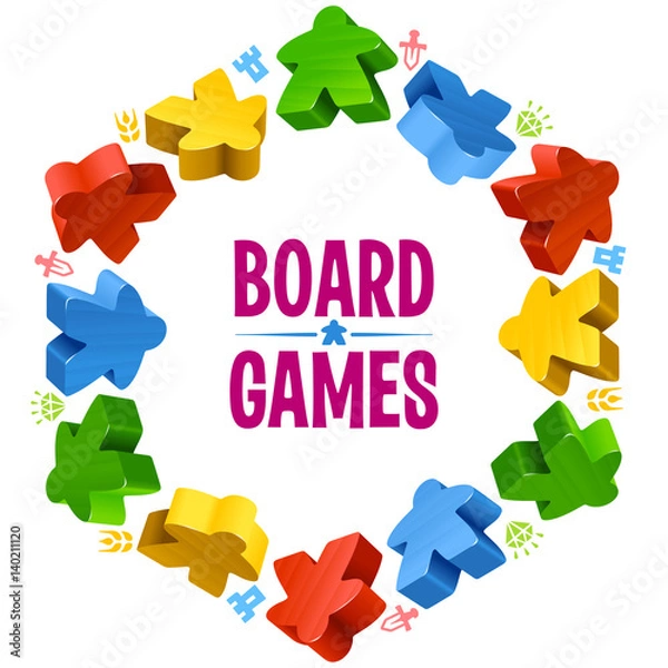 Obraz Hex frame of multicolor meeples for board games. Game pieces and resources counter icons isolated on white background. Vector border for design boardgames advertisement or template of t-shirt print