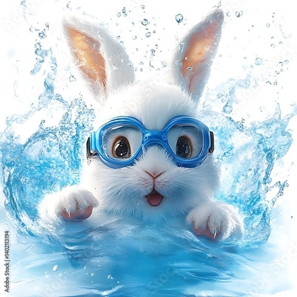Obraz White Rabbit Wearing Blue Swimming Goggles Splashing in Clear Blue Water