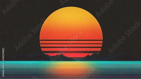 Fototapeta Retro sunset over a digital landscape, in vibrant 80s colors.