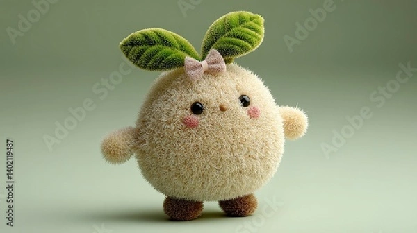 Fototapeta A fluffy, adorable, round creature with leaves and a bow.
