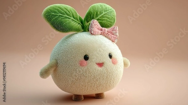 Fototapeta A fluffy, cute radish character with a pink bow.