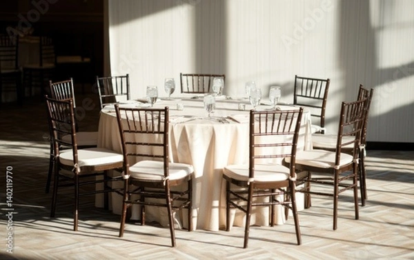 Fototapeta Elegant Round Table Setting with Beige Tablecloth