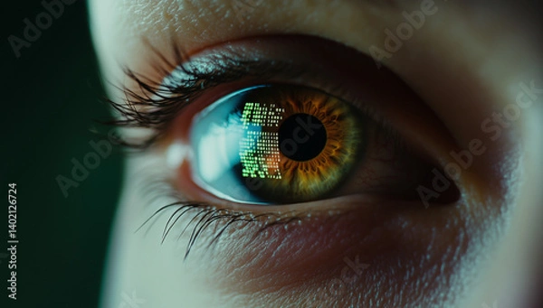 Fototapeta  Binary code reflected in human eye concept of digital vision, A human eye reflecting digital code, Digital computing, AI, Tech, Biotechnology, Tech background