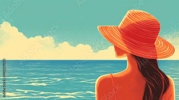 Fototapeta Woman with sun hat looking at ocean view summer vacation destination travel seascape relaxing artwork