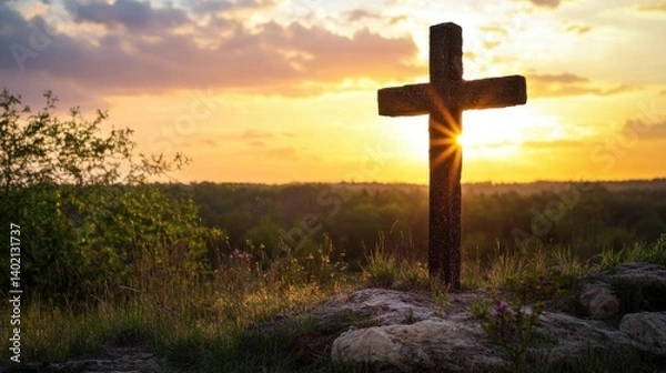 Fototapeta A cross on a hill with flowers, presented on a nature background.