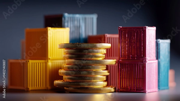 Obraz Sea trade containers and a stack of coins. World trade. Prices, tariffs and taxes. Transportation costs. Logistics and transportation of commercial cargo