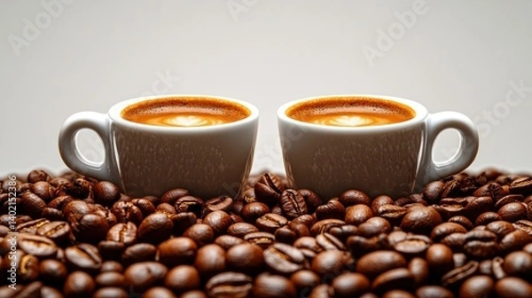 Obraz Two espresso cups, latte art, coffee beans