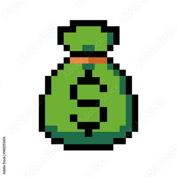Fototapeta Pixel art icon of green money bag in retro style. Ideal for retro-themed games, dashboards, presentations, or financial apps. Isolated on white background, perfect for UI elements and minimalist game