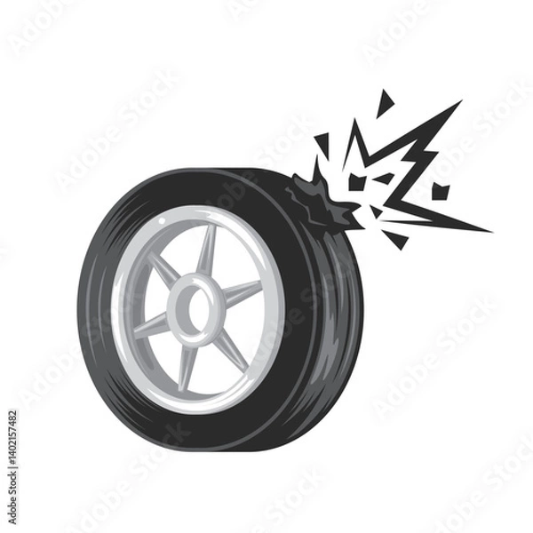 Fototapeta car tire burst vector cartoon  design element