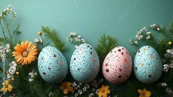 Fototapeta Delightful pastel Easter eggs nestled amongst vibrant spring flowers on a serene teal backdrop showcasing intricate gold detailing
